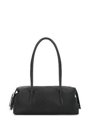 Sac à main rectangulaire noir avec longues poignées doubles et fermeture éclair visible sur le dessus, en cuir lisse.
