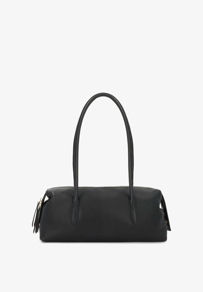 Sac à main rectangulaire noir avec longues poignées doubles et fermeture éclair visible sur le dessus, en cuir lisse.