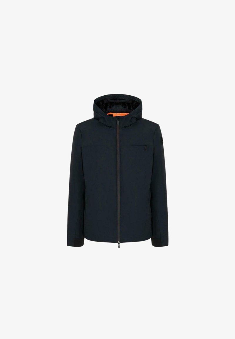 Zwart hoodiejack met een gladde buitenkant, een voorkant met rits en een oranje binnenvoering. Heeft een minimalistisch ontwerp en geen patronen.
