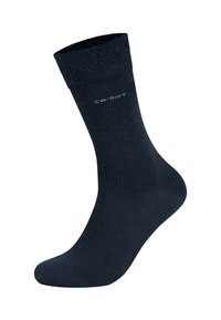 Dunkelblaue Baumwollmischsocke mit geripptem Bund, glatter Textur, verstärkter Zehenpartie und dezenter Markierung an der Seite. Geeignet für den täglichen Gebrauch.