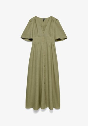 Olivno zelena midi obleka s kratkimi lahkotnimi rokavi, V-izrezom, nabranim pasom in gumbkami spredaj.