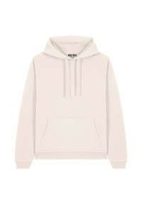 Felpa cappuccio beige chiaro realizzata in tessuto morbido. Presenta una tasca frontale, cappuccio con coulisse e polsini a costine. Design semplice e classico.