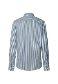 Blue and white striped long-sleeve shirt with a collar, buttoned cuffs, and back yoke detailing. Made from a lightweight fabric.