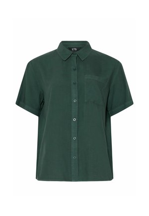 Camicia verde scuro a maniche corte con bottoni, colletto e taschino singolo sul petto, mostrata su uno sfondo bianco semplice.