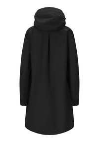 Svart vattentät jacka med huva, långa ärmar och rak skärning. Har en veckdetalj på baksidan och en slät yta.