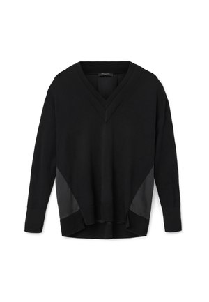 Black V-neck long-sleeve pullover with ribbed cuffs and hem, featuring satin-like side panels and a relaxed, slightly high-low fit.