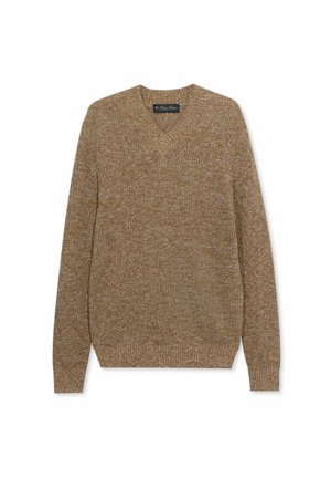 Pull en maille chinée marron à col en V avec manches longues, poignets et ourlet côtelés, posé à plat sur fond blanc.