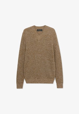 Maglione marrone mélange a maglia con scollo a V, maniche lunghe e polsini e orlo a coste, steso su uno sfondo bianco.