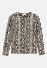 Long-sleeve top featuring a snake print pattern in beige and black. Round neckline and textured fabric with a soft finish.