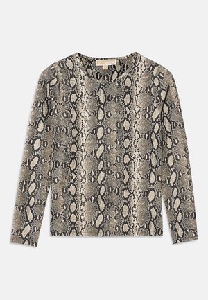 Langermet topp med slangeskinnmønster i beige og svart. Rund hals og teksturert stoff med myk finish.