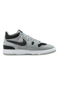 Gray leather and mesh sneakers with a black swoosh, padded collar, and white sole. Features accent colors in blue and red.