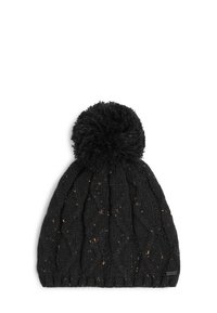 Sort strikket hue med en stor pom-pom på toppen, der har et struktureret kabelmønster og farverige prikker fordelt i stoffet.