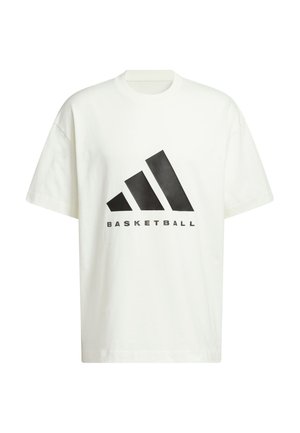 Weißes Baumwoll-T-Shirt mit einem schwarzen geometrischen Logo und dem Schriftzug "BASKETBALL". Hat einen lässigen Schnitt und kurze Ärmel.
