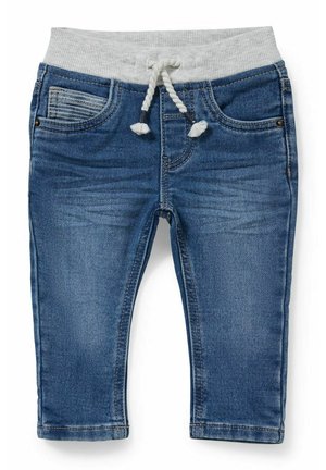 Blå småbørnsjeans med elastisk grå linning og hvid snor, forlommer og falmet denimtekstur.