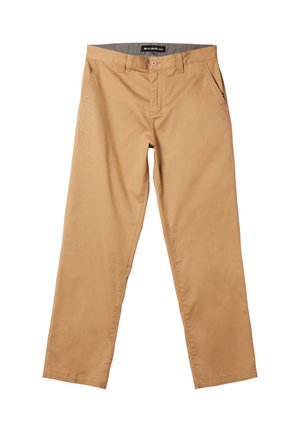 Lysebrune afslappede lige ben bukser med bæltestropper, knaplukning, sidelommer og et mærket indvendigt taljebånd.
