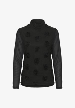 Top negro de manga larga con un cuerpo texturizado y estampado que presenta motivos de rosas en relieve y mangas transparentes. El cuello alto añade un detalle distintivo.