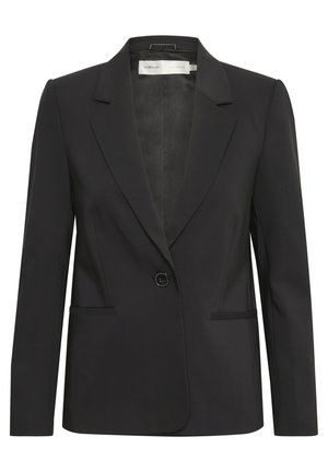 Black blazer made of smooth fabric. Features a notched lapel, single button closure, two front pockets, and structured shoulders.