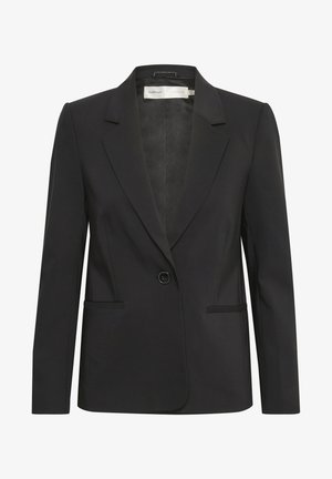 Blazer noir en tissu lisse. Il présente un col cranté, une fermeture à un bouton, deux poches avant et des épaules structurées.