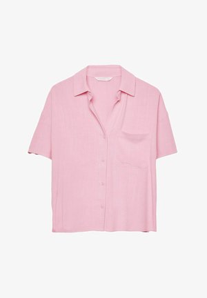 Kurzärmeliges Pink-Hemd aus leichtem Stoff, mit einem kragenlosen Ausschnitt, einer Brusttasche und einer Knopfverschluss.