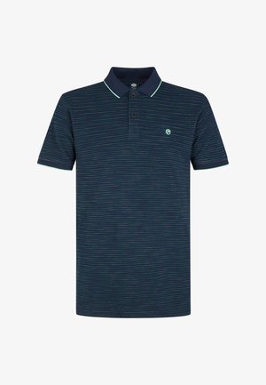 Donkerblauw polohemd met korte mouwen, fijne lichtgroene horizontale strepen, een donkere kraag, twee knopen en een klein logo op de linkerborst.