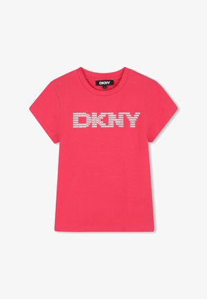 Roze katoenen T-shirt met een gestructureerd wit logo "DKNY" gecentreerd op de borst, met korte mouwen en een ronde halslijn.