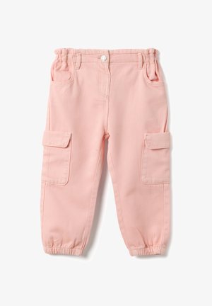 Pink cargo pants with elastic waistband and cuffs, featuring two side pockets and sturdy cotton fabric. Smooth texture, casual design.