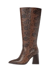 Brown and black snake-print knee-high boot, featuring a pointed toe, textured surface, and a chunky heel with a stacked appearance.