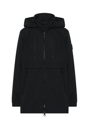 Schwarze Kapuzenjacke aus leichtem, glattem Stoff. Verfügt über einen Reißverschluss vorne, zwei Seitentaschen und einen Kordelzug an der Kapuze.