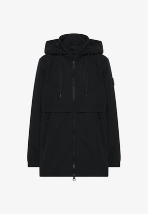 Czarna kurtka z kapturem, wykonana z lekkiego, gładkiego materiału. Posiada zamek z przodu, dwie boczne kieszenie oraz regulację sznurkiem przy kapturze.