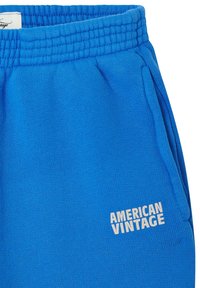 Zili svārki ar elastīgu jostasvadu, sānu kabatu un baltu tekstu "AMERICAN VINTAGE", kas izdrukāts netālu no kabatas.