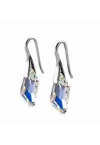 Orecchini in tonalità argento con gocce di cristallo iridescenti e angolari. I cristalli riflettono vari colori ed sono fissati con un design a leva.