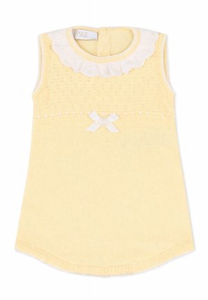 Robe bébé jaune sans manches avec haut en maille, col en dentelle blanche, petit nœud blanc et motif texturé sur le buste supérieur.