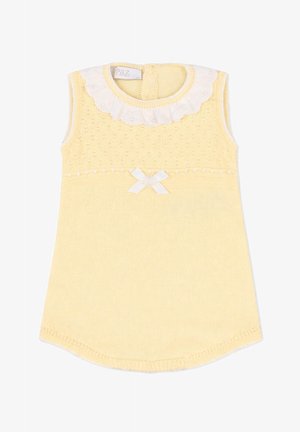 Robe bébé jaune sans manches avec haut en maille, col en dentelle blanche, petit nœud blanc et motif texturé sur le buste supérieur.