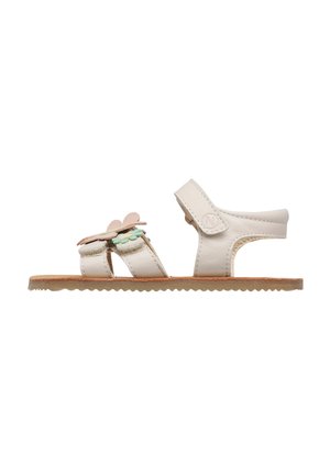 Sandalo per bambino in pelle bianca con cinturini regolabili e decorazioni floreali in tonalità pastello su suola in gomma color cuoio.
