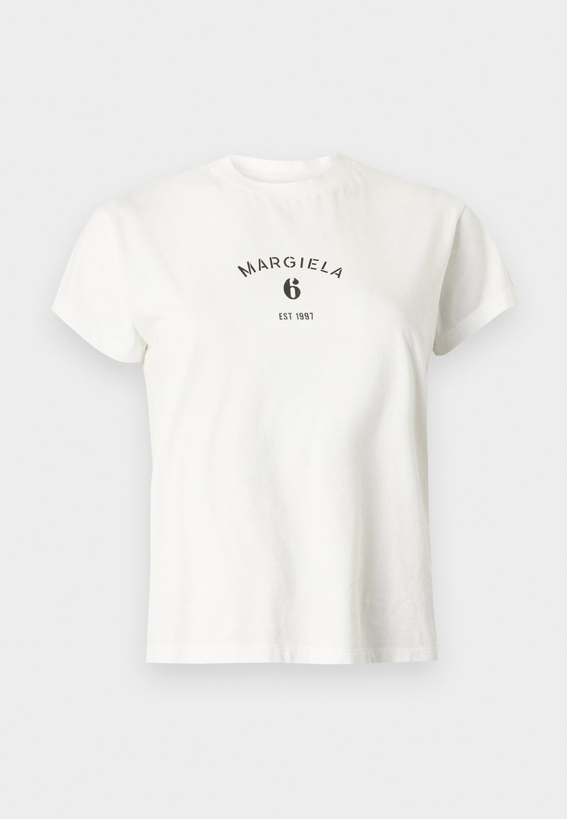 White short-sleeve crew neck T-shirt with black "MARGIELA 6 EST 1997" text centered on the chest.