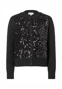 Schwarze Strickjacke mit glänzenden Pailletten auf der Vorderseite, gerippten Bündchen und rundem Ausschnitt. Knöpfe entlang der Mitte, gestrickte Textur durchgehend.