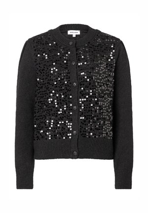 Zwarte cardigan met glinsterende pailletten aan de voorkant, geribbelde manchetten en een ronde halslijn. Knopen middenvoor en een brei structuur door het geheel.
