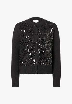 Zwarte cardigan met glinsterende pailletten aan de voorkant, geribbelde manchetten en een ronde halslijn. Knopen middenvoor en een brei structuur door het geheel.