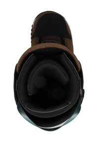 Obenansicht eines braunen und schwarzen gepolsterten Snowboardboots mit einem blauen Riemen und einem sicheren Befestigungssystem.