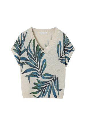 Kreemi V-kaelusega sviiter lühikeste varrukatega, millel on rohelised ja sinised lehestiku mustrid, valmistatud kergetest, tekstureeritud kangast.