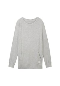 Felpa grigia con maniche raglan lunghe, collo rotondo e tasca frontale. Presenta una texture sottile e un piccolo logo cucito in basso.