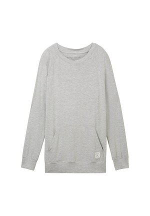 Grauer Sweatshirt mit langen Raglan�ärmeln, rundem Hals und Fronttasche. Hat eine dezente Textur und ein kleines Logopatch am unteren Ende.