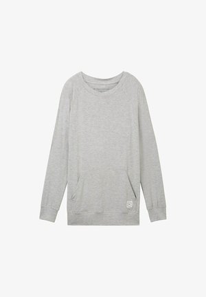 Hanorac gri cu mâneci lungi din tip raglan, guler rotund și buzunar frontal. Are o textură subtilă și o mică etichetă logo în partea de jos.