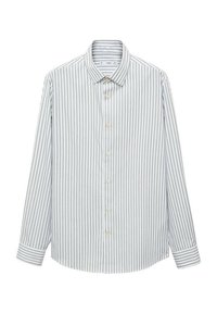 Camicia in cotone a maniche lunghe con strisce verticali blu chiaro e bianche, chiusura con bottoni davanti e colletto classico con polsini stondati.