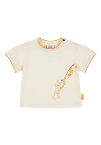 Cremefarbenes T-Shirt mit kurzen Ärmeln und orangefarbenen Akzenten, mit einer verspielten Bärenillustration, der Blumen hält. Aus weichem Baumwollstoff, runder Halsausschnitt.