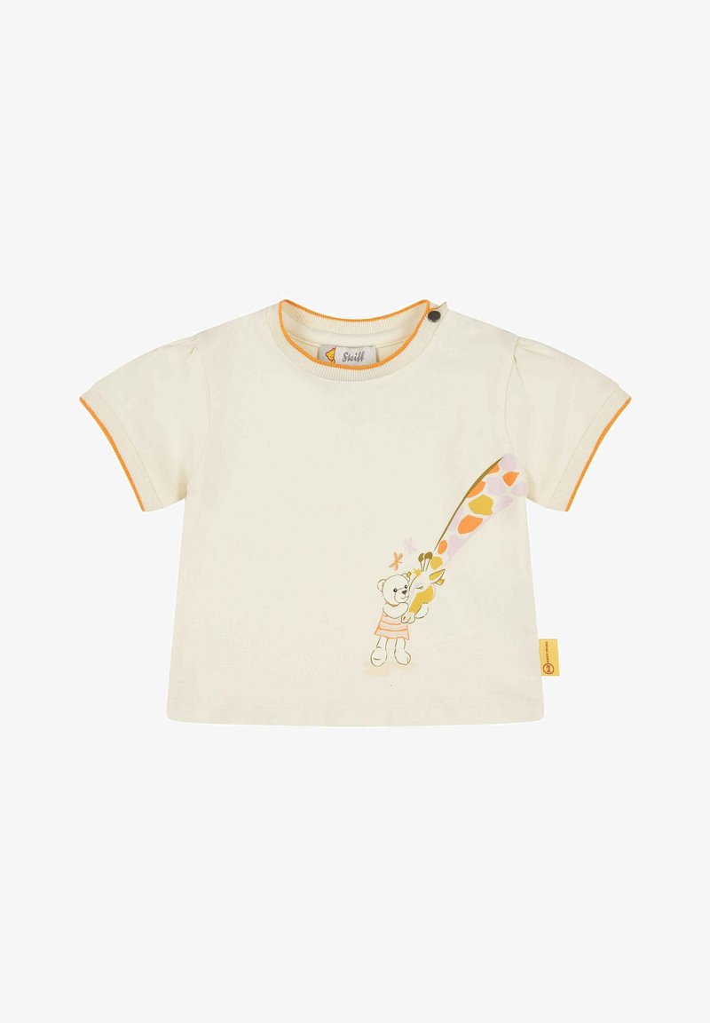 Krémové tričko s krátkým rukávem a oranžovými akcenty, s hravou ilustrací medvěda držícího květiny. Měkká bavlněná tkanina, kulatý výstřih.