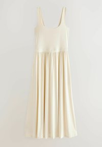 Cremefarbenes ärmelloses Kleid mit einem taillierten Oberteil und einem schwingenden, gepellten Rock, aus weichem, glattem Stoff gefertigt.