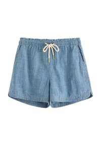 Shorts in denim blu chiaro con una vita elasticizzata, cordino regolabile e due tasche laterali. Texture morbida e design informale.