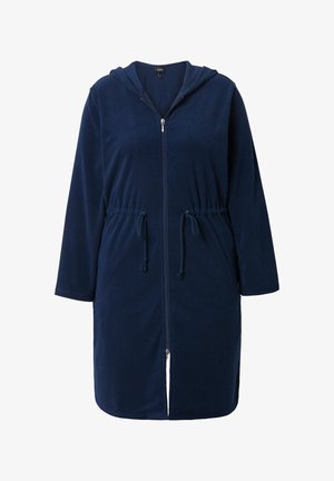 Dunkelblaue Kapuzenrobe aus weichem Fleece, mit einem Reißverschluss vorne, verstellbarem Kordelzug in der Taille und langen Ärmeln mit lässiger Passform.