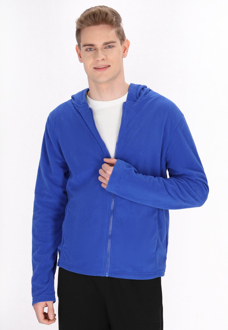 Felpa in pile blu con zip, con cappuccio, maniche lunghe e una texture liscia, caratterizzata da una zip a lunghezza completa e una vestibilità comoda.